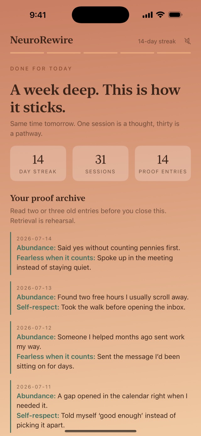 The done screen at dawn: a fourteen-day streak above the proof archive
